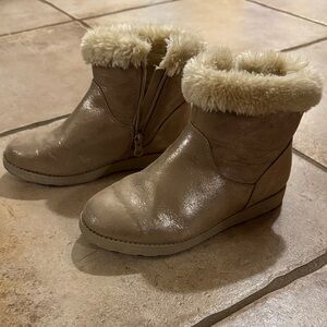Kids Cozy Tan Ankle Boots with Faux Fur Trim